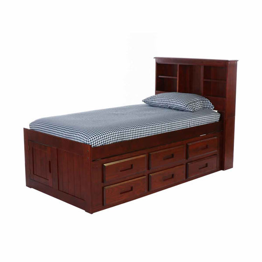 TWIN BOOKCASE BED WITH 6 DRAWER UNDER BED STORAGE IN MERLOT FINISH