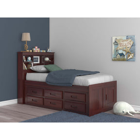 TWIN BOOKCASE BED WITH 6 DRAWER UNDER BED STORAGE IN MERLOT FINISH