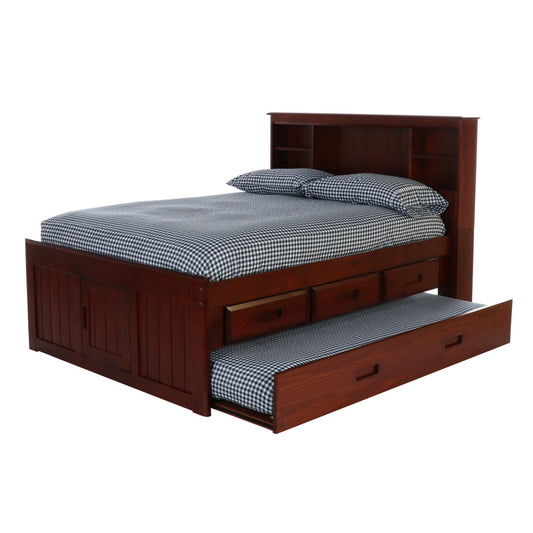 FULL BOOKCASE BED WITH 3 DRAWER STORAGE AND TWIN TRUNDLE BED IN MERLOT FINISH