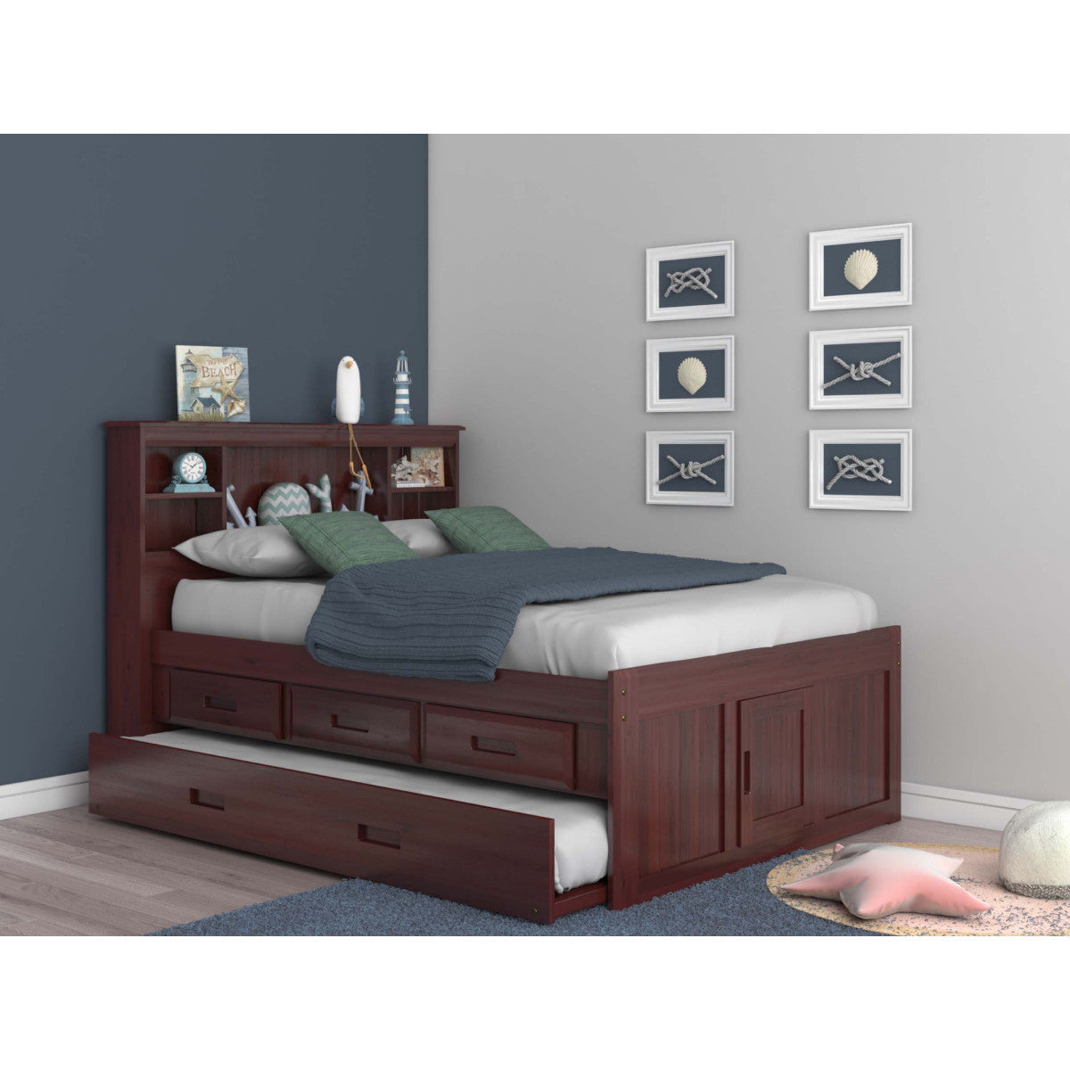 FULL BOOKCASE BED WITH 3 DRAWER STORAGE AND TWIN TRUNDLE BED IN MERLOT FINISH