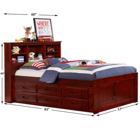 FULL BOOKCASE BED WITH 6 DRAWER UNDER BED STORAGE IN MERLOT FINISH