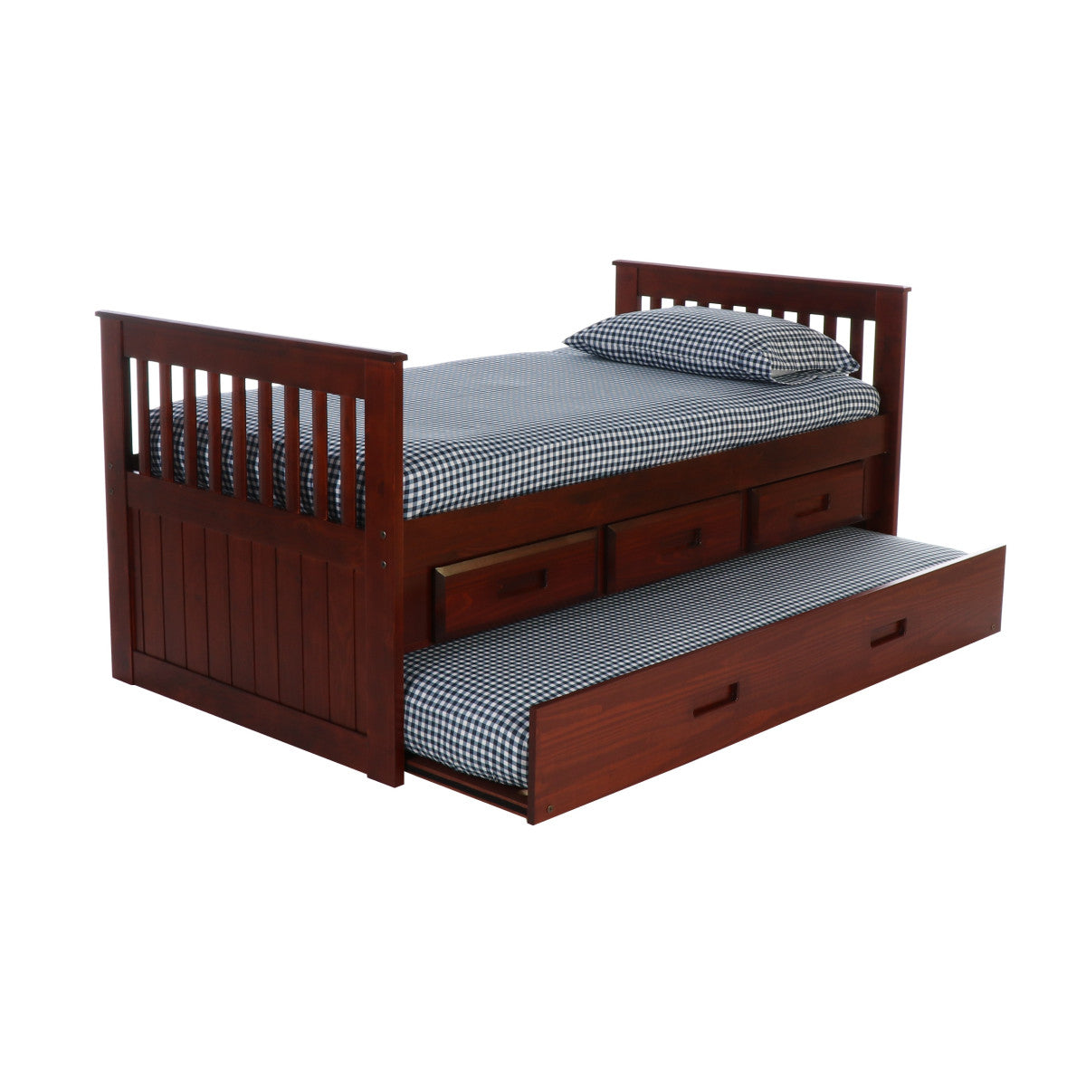 TWIN MISSION RAKE BED WITH 3 DRAWER STORAGE AND TWIN TRUNDLE BED IN MERLOT FINISH