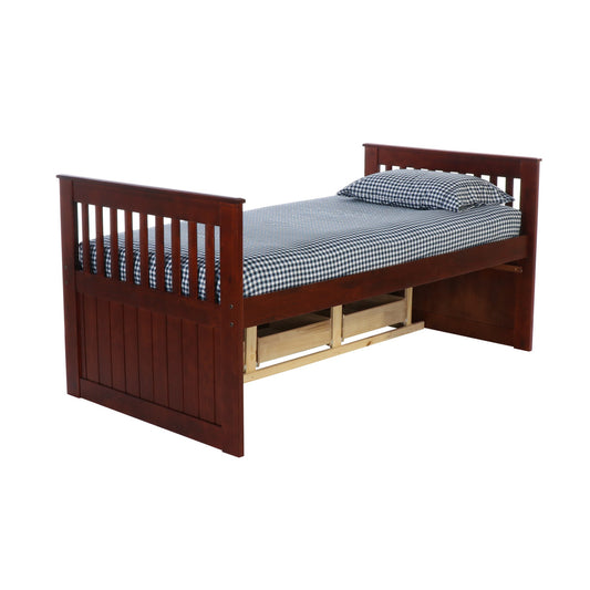TWIN MISSION RAKE BED WITH 6 DRAWER UNDER BED STORAGE IN MERLOT FINISH