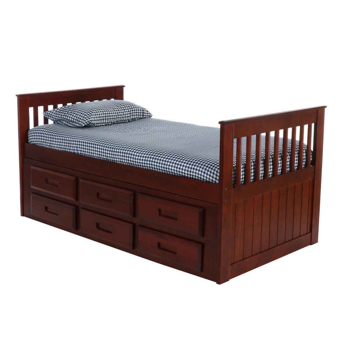 TWIN MISSION RAKE BED WITH 6 DRAWER UNDER BED STORAGE IN MERLOT FINISH