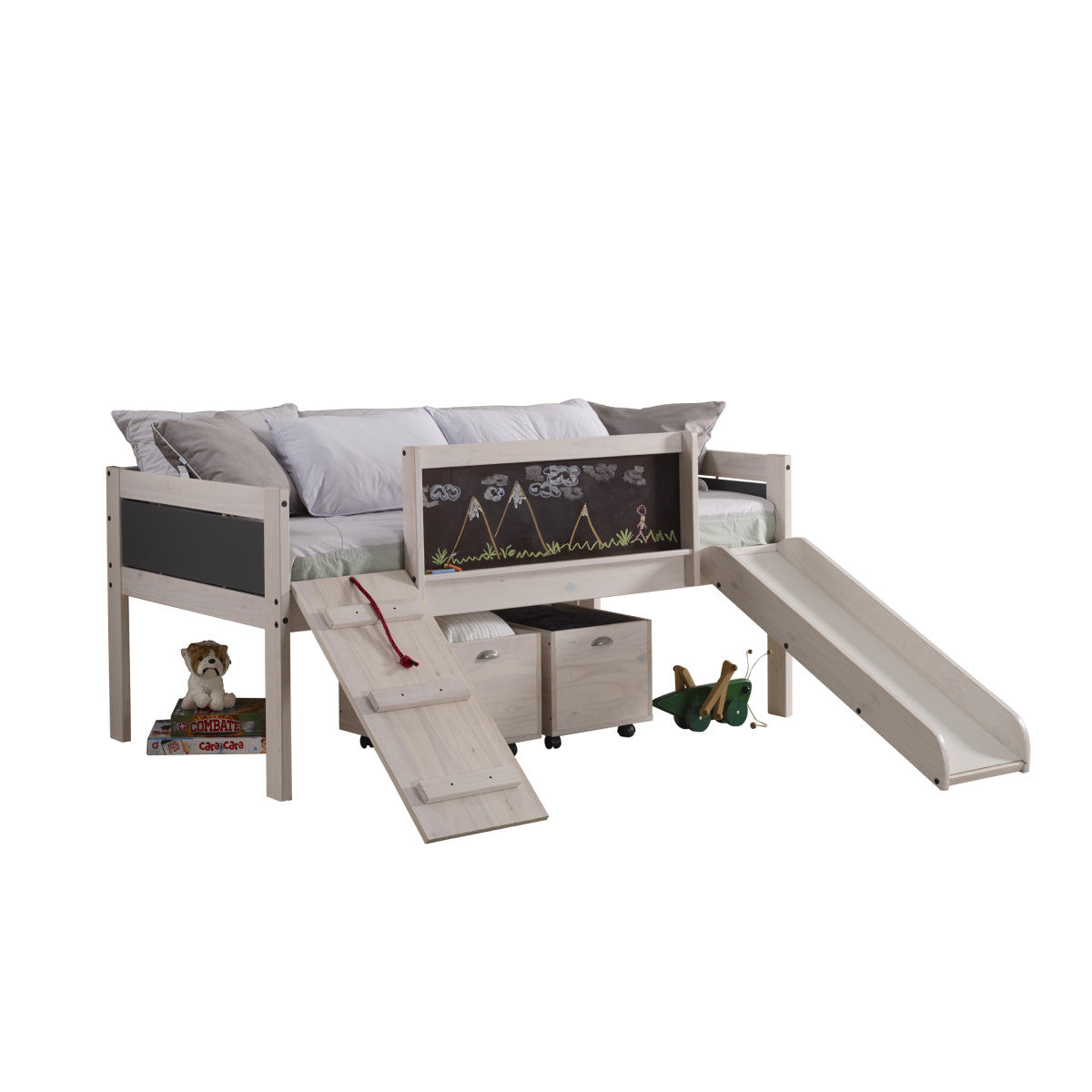 TWIN ART PLAY JUNIOR LOW LOFT WITH TOY BOXES IN WHITE WASH/DARK GREY FINISH