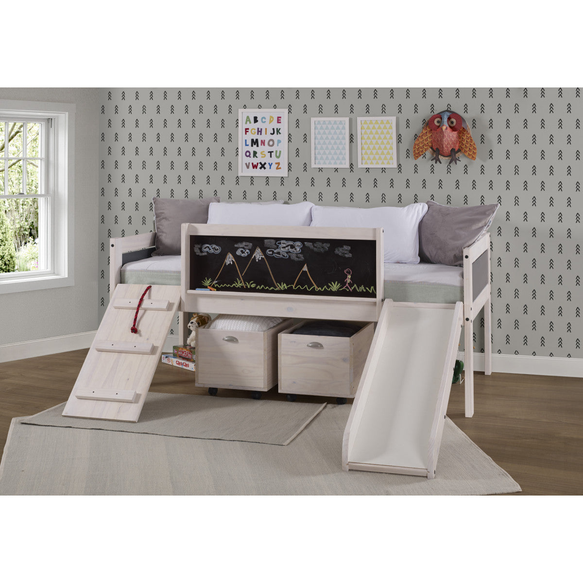 TWIN ART PLAY JUNIOR LOW LOFT WITH TOY BOXES IN WHITE WASH/DARK GREY FINISH