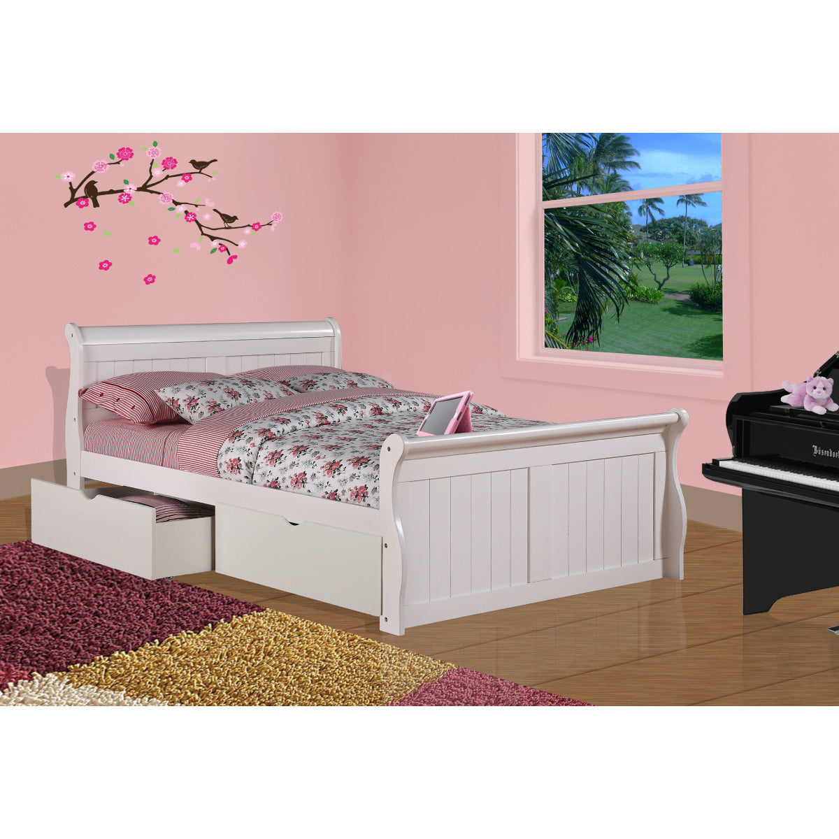 FULL SLEIGH BED WITH DUAL UNDERBED DRAWERS WHITE FINISH