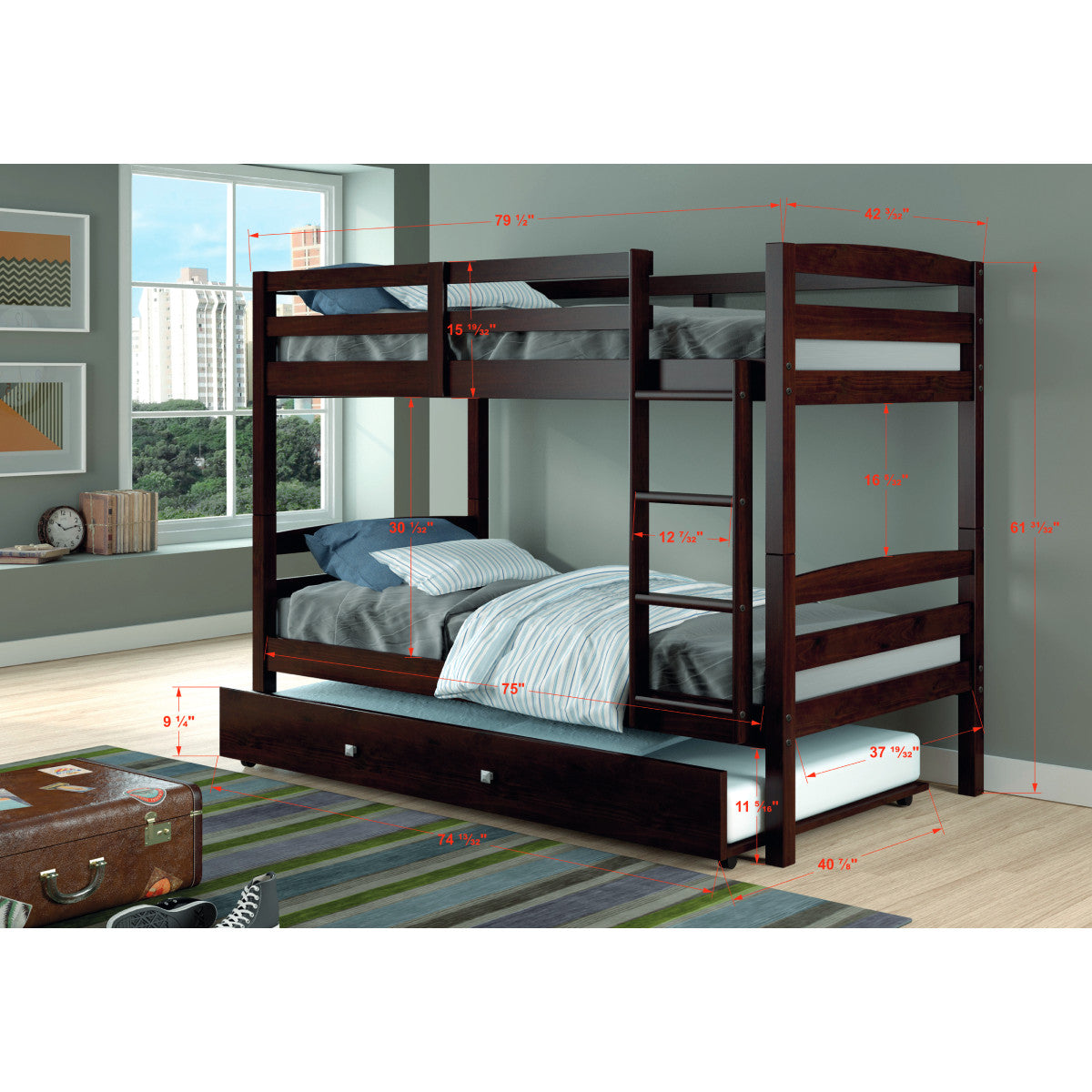 TWIN/TWIN DEVON BUNK BED WITH TRUNDLE BED IN DARK CAPPUCCINO FINISH