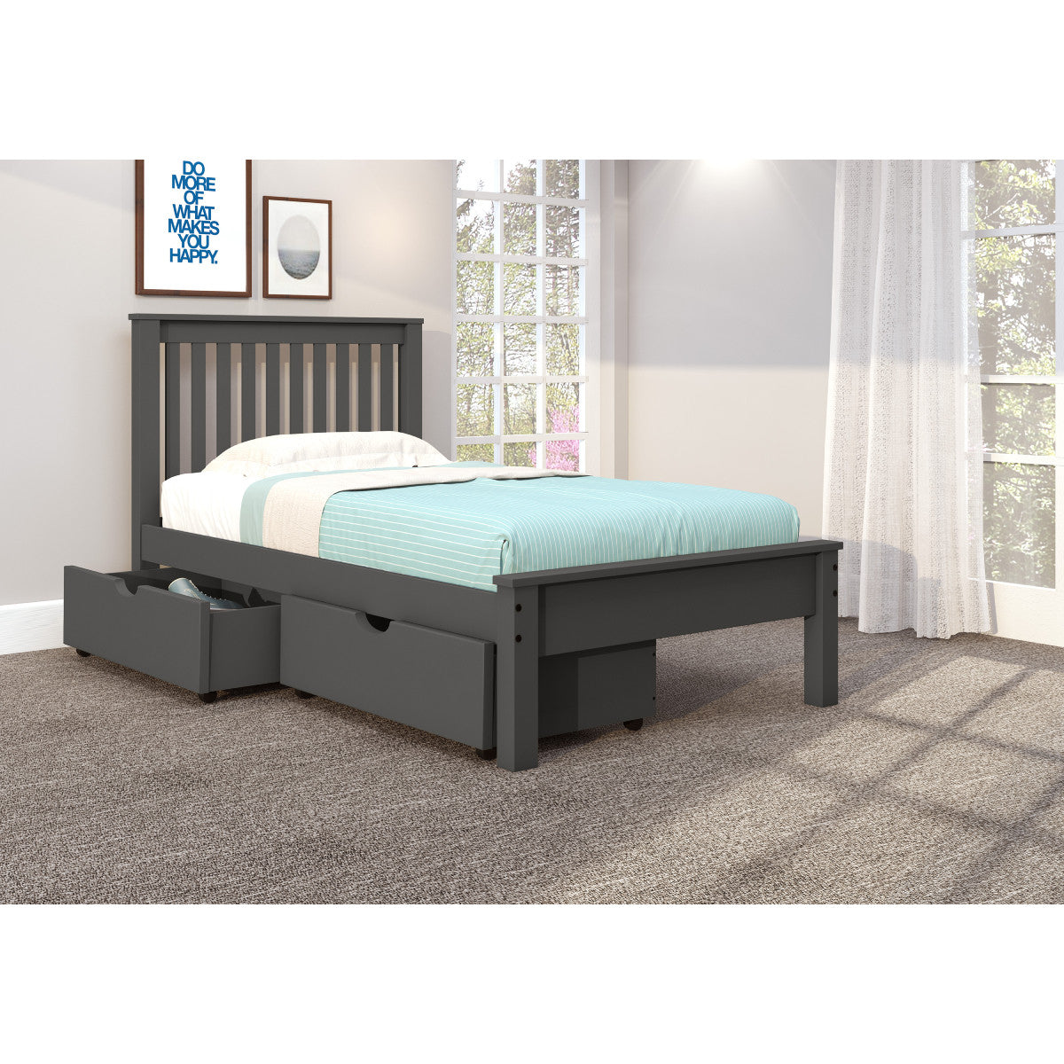 TWIN CONTEMPO BED WITH DUAL UNDER BED DRAWERS IN DARK GREY FINISH