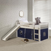 TWIN PANEL LOW LOFT BED WITH SLIDE IN TWO-TONE GREY/WHITE FINISH & BLUE TENT KIT