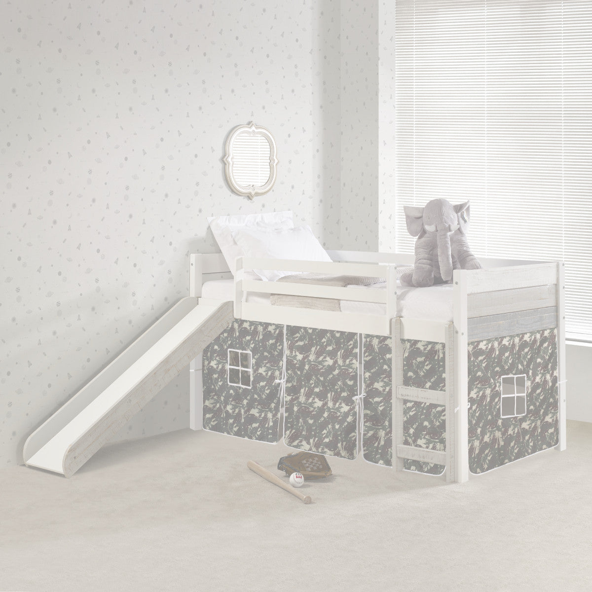 TWIN PANEL LOW LOFT BED WITH SLIDE IN TWO-TONE GREY/WHITE FINISH & CAMO TENT KIT