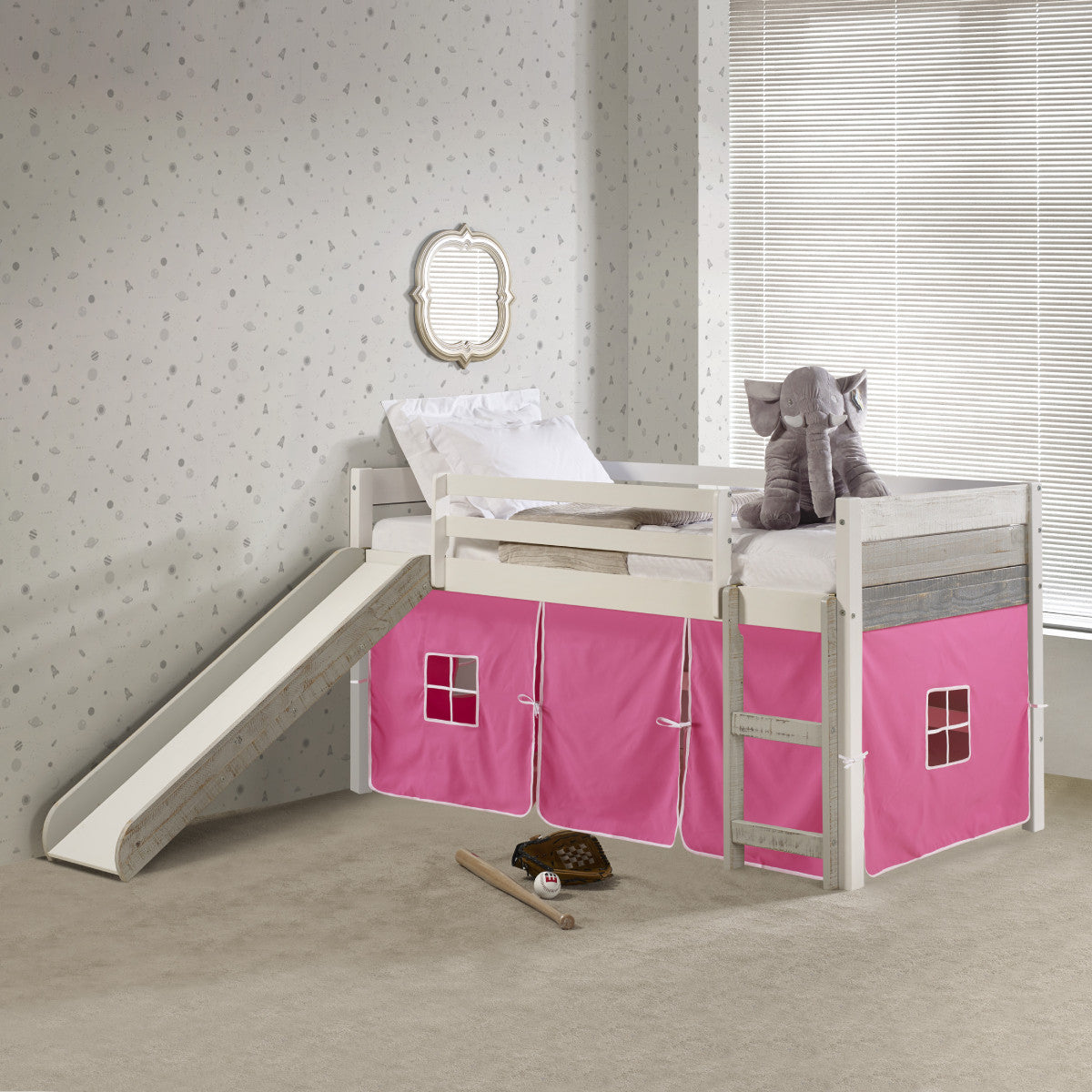 TWIN PANEL LOW LOFT BED WITH SLIDE IN TWO-TONE GREY/WHITE FINISH & PINK TENT KIT
