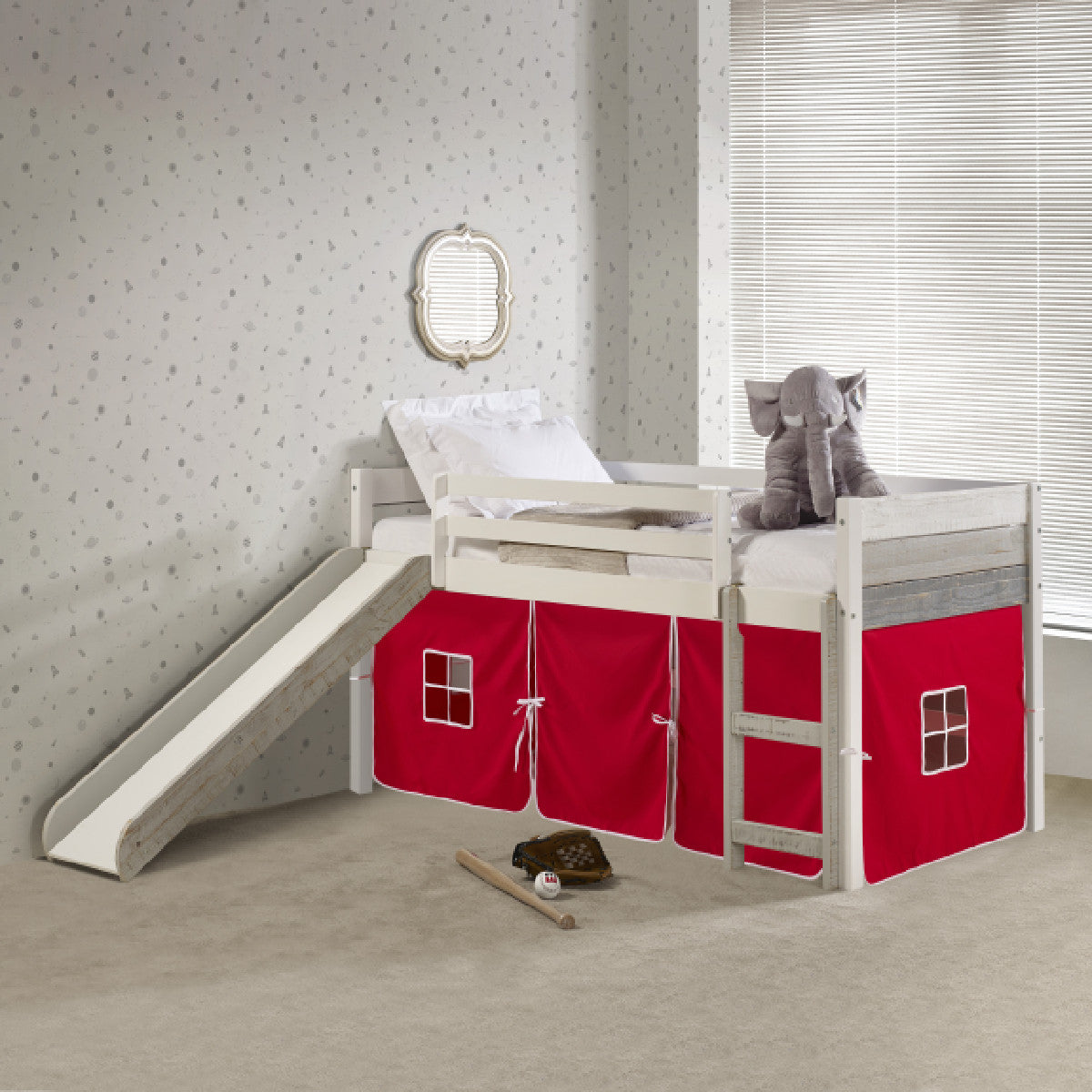 TWIN PANEL LOW LOFT BED WITH SLIDE IN TWO-TONE GREY/WHITE FINISH & RED TENT KIT
