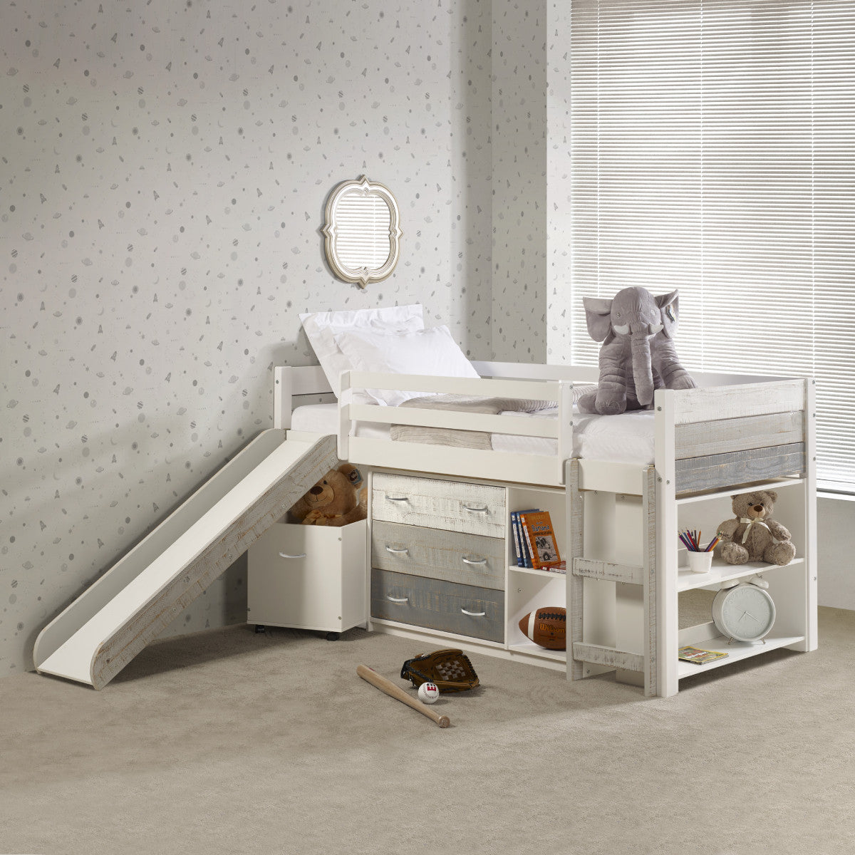 TWIN PANEL LOW LOFT SET WITH SLIDE & CASE PIECES IN TWO-TONE GREY/WHITE FINISH
