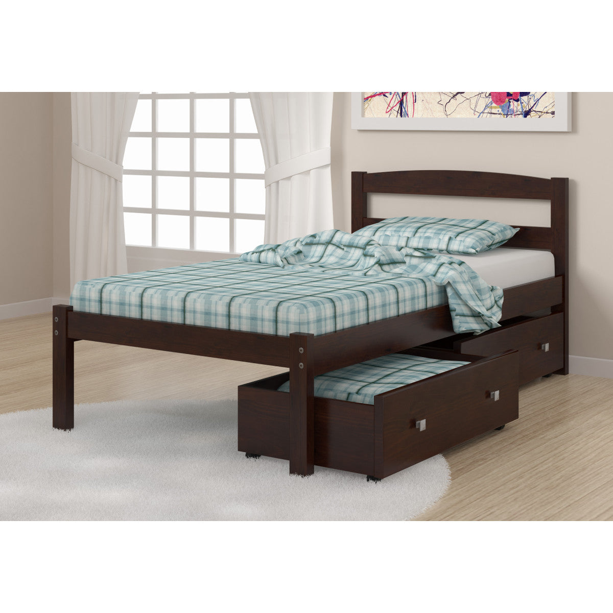 TWIN ECONO BED WITH DUAL UNDER BED DRAWER DARK CAPPUCCINO FINISH