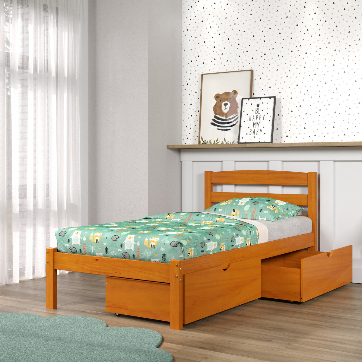 TWIN ECONO BED WITH DUAL UNDER BED DRAWERS LIGHT HONEY FINISH