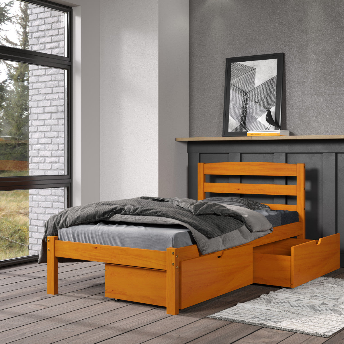 TWIN ECONO BED WITH DUAL UNDER BED DRAWERS LIGHT HONEY FINISH