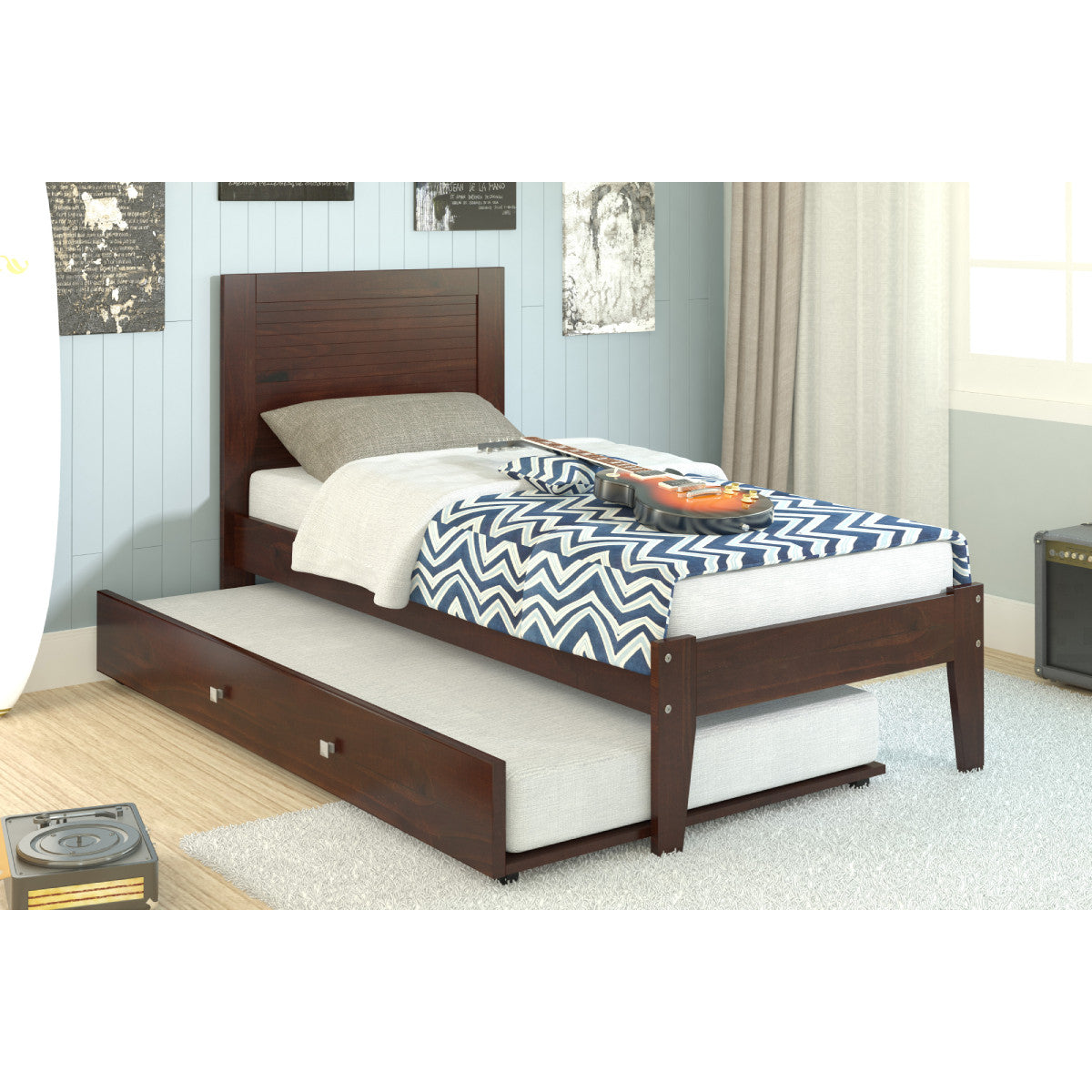 TWIN PANEL BED WITH TRUNDLE BED CAPPUCCINO FINISH