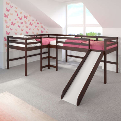 L-SHAPE DOUBLE TWIN LOFT BED IN DARK CAPPUCCINO FINISH