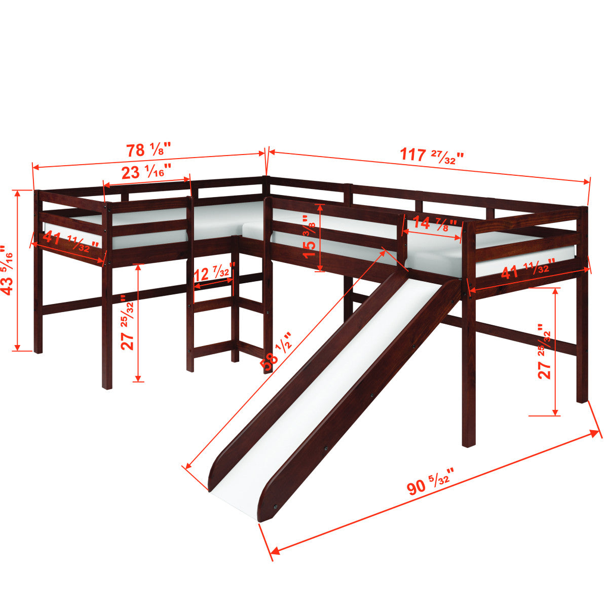 L-SHAPE DOUBLE TWIN LOFT BED IN DARK CAPPUCCINO FINISH