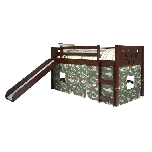 TWIN CIRCLES LOW LOFT W/SLIDE & CAMO TENT KIT IN DARK CAPPUCCINO FINISH