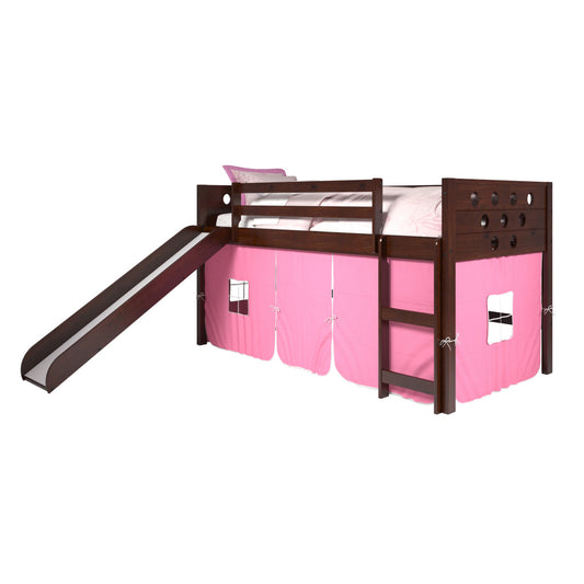 TWIN CIRCLES LOW LOFT W/SLIDE & PINK TENT KIT IN DARK CAPPUCCINO FINISH