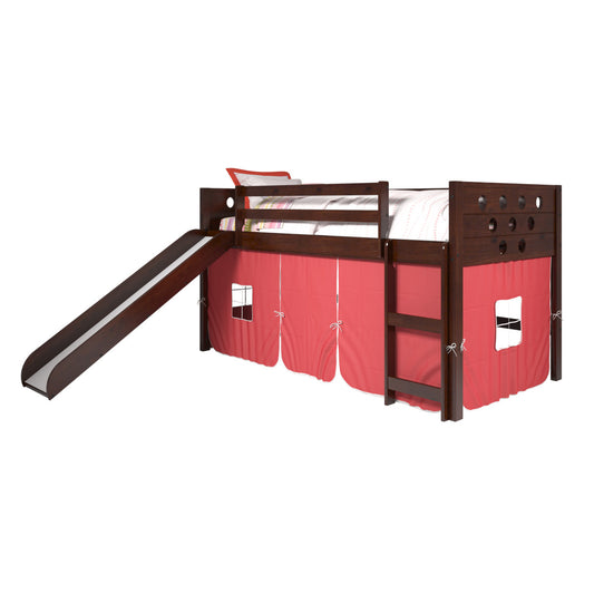 TWIN CIRCLES LOW LOFT W/SLIDE & RED TENT KIT IN DARK CAPPUCCINO FINISH
