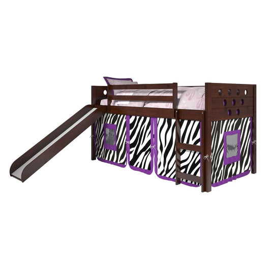 TWIN CIRCLES LOW LOFT W/SLIDE & ZEBRA TENT KIT IN DARK CAPPUCCINO FINISH