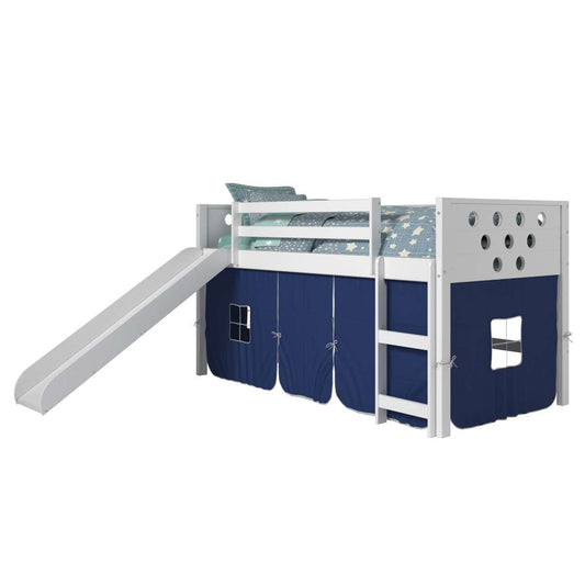 TWIN CIRCLES LOW LOFT W/SLIDE & BLUE TENT KIT IN WHITE FINISH