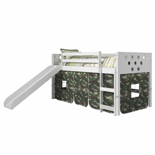 TWIN CIRCLES LOW LOFT W/SLIDE & CAMO TENT KIT IN WHITE FINISH