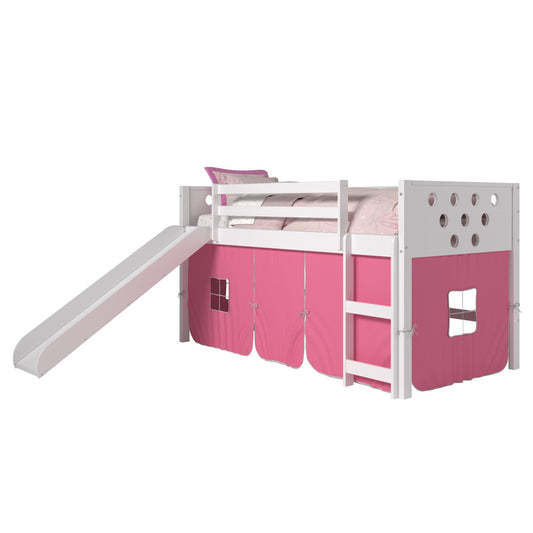 TWIN CIRCLES LOW LOFT W/SLIDE & PINK TENT KIT IN WHITE FINISH