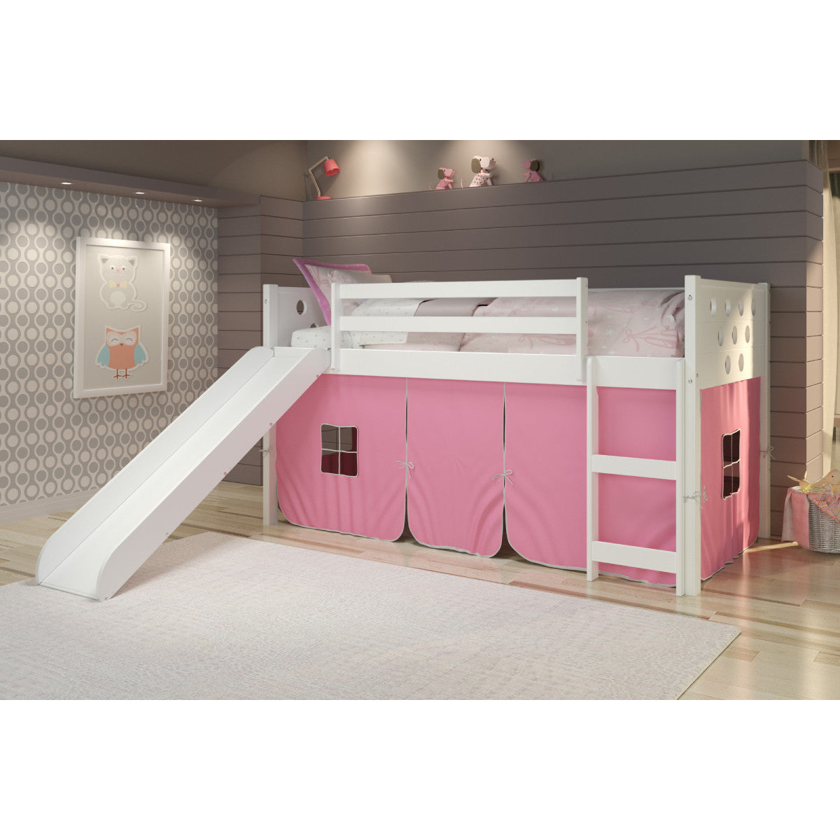 TWIN CIRCLES LOW LOFT W/SLIDE & PINK TENT KIT IN WHITE FINISH