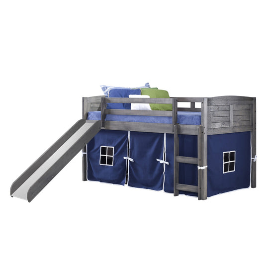 TWIN LOUVER LOW LOFT W/SLIDE & BLUE TENT KIT IN ANTIQUE GREY FINISH