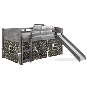 TWIN LOUVER LOW LOFT W/SLIDE & CAMO TENT KIT IN ANTIQUE GREY FINISH