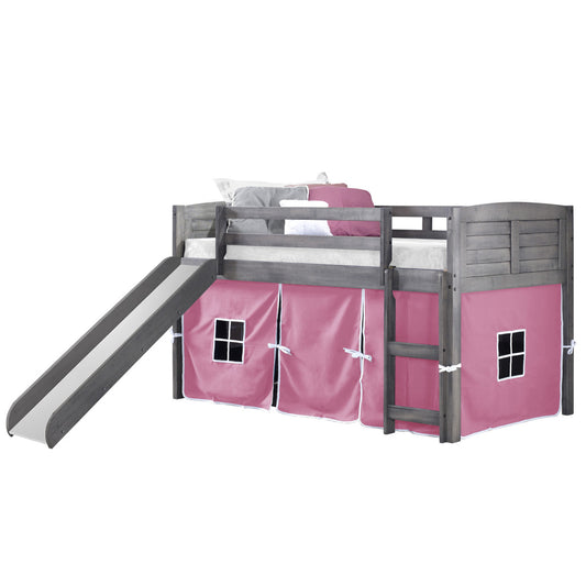 TWIN LOUVER LOW LOFT W/SLIDE & PINK TENT KIT IN ANTIQUE GREY FINISH