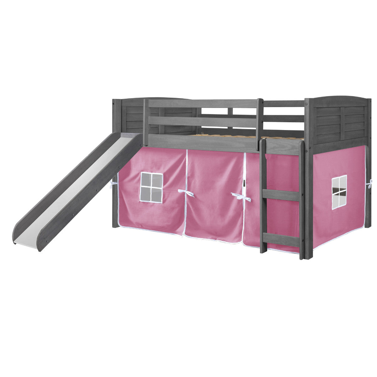 TWIN LOUVER LOW LOFT W/SLIDE & PINK TENT KIT IN ANTIQUE GREY FINISH