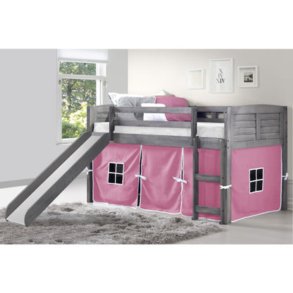 TWIN LOUVER LOW LOFT W/SLIDE & PINK TENT KIT IN ANTIQUE GREY FINISH