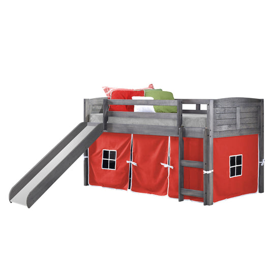 TWIN LOUVER LOW LOFT W/SLIDE & RED TENT KIT IN ANTIQUE GREY FINISH