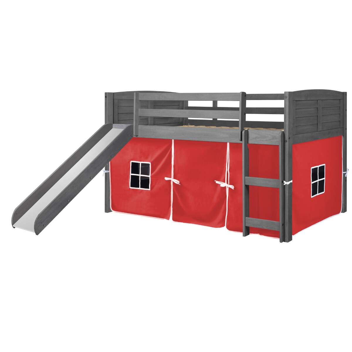 TWIN LOUVER LOW LOFT W/SLIDE & RED TENT KIT IN ANTIQUE GREY FINISH