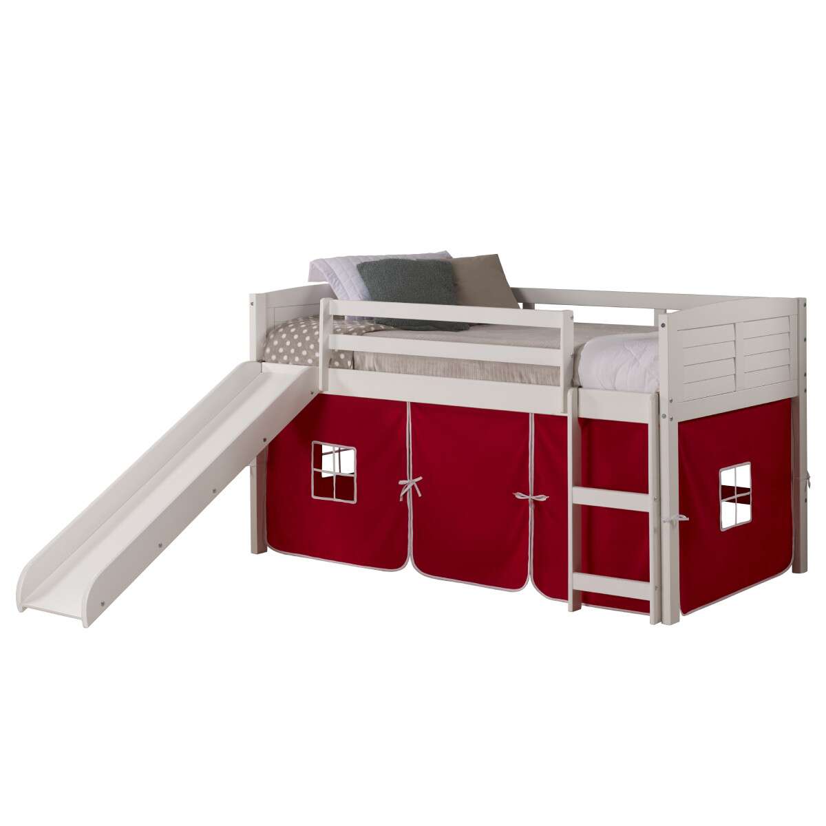 TWIN LOUVER LOW LOFT WHITE W/RED TENT & SLIDE