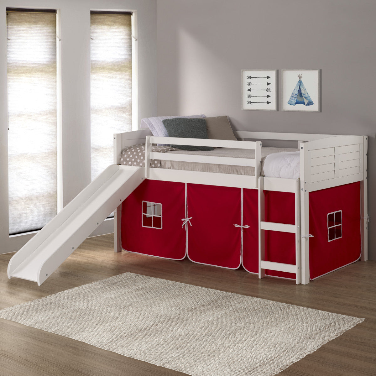 TWIN LOUVER LOW LOFT WHITE W/RED TENT & SLIDE
