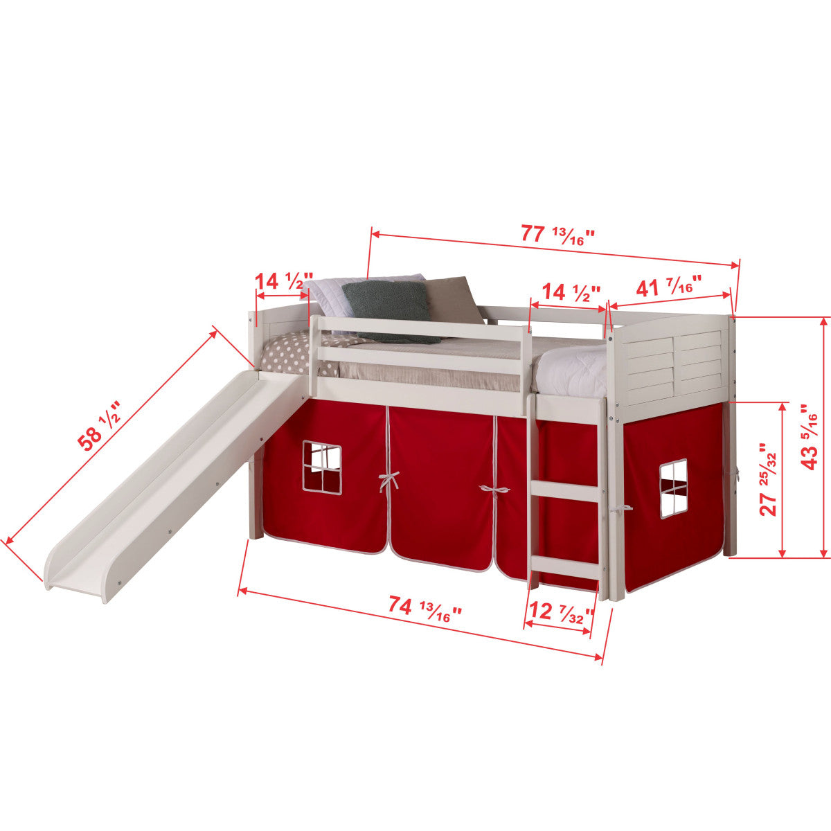 TWIN LOUVER LOW LOFT WHITE W/RED TENT & SLIDE