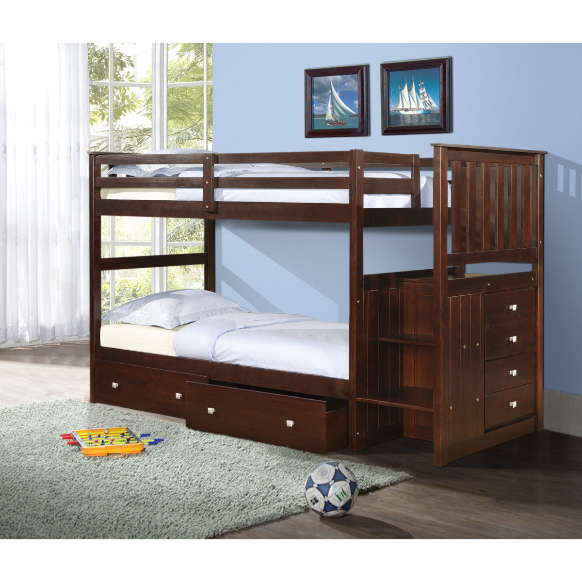 MISSION STAIRWAY BUNK BED WITH DUAL UNDERBED DRAWERS DARK CAPPUCCINO FINISH