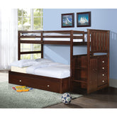 TWIN/FULL MISSION STAIRWAY BUNK BED WITH EXT KIT WITH TRUNDLE BED CAPPUCCINO FINISH