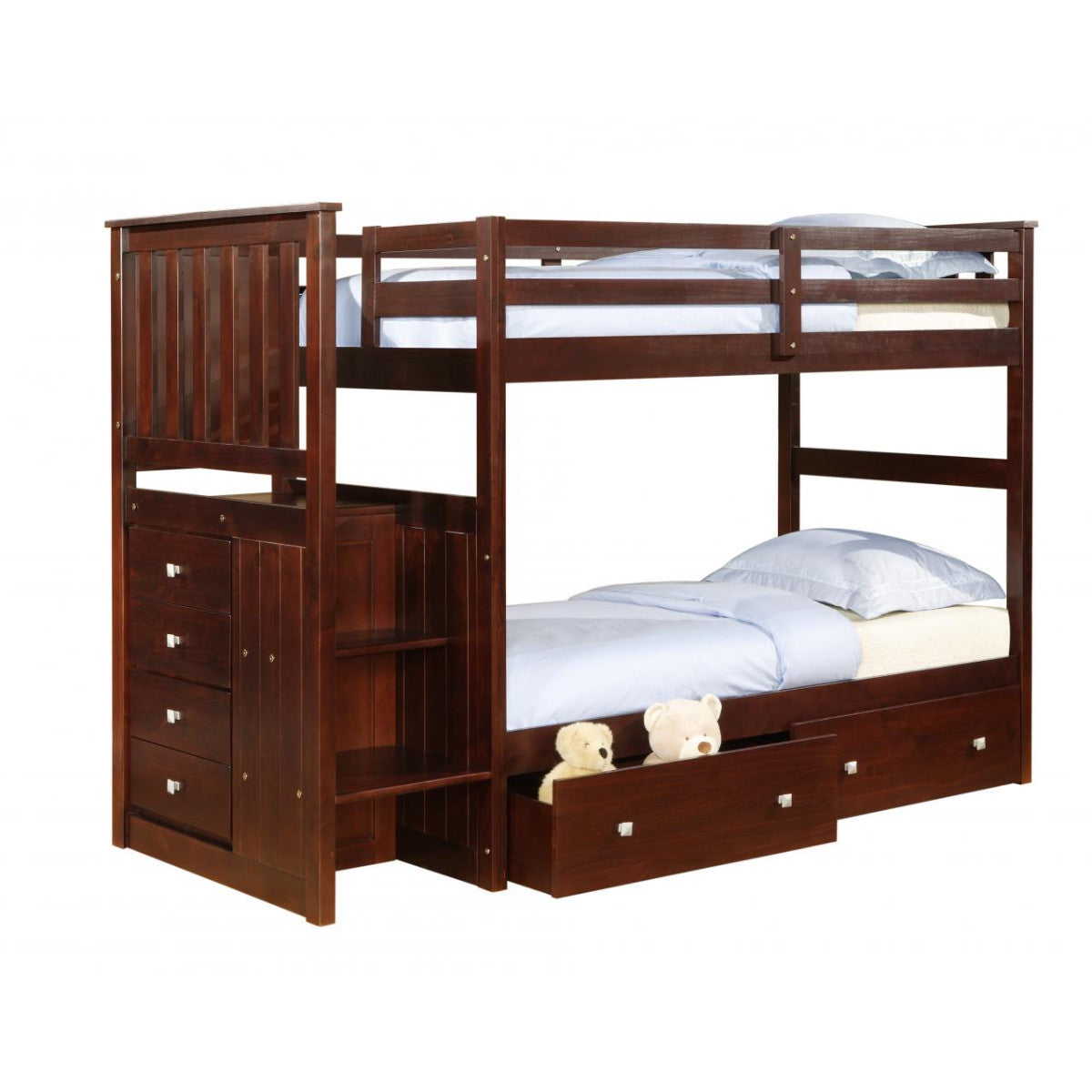 TWIN/FULL MISSION STAIRWAY BUNK BED WITH EXT KIT WITH DUAL UNDERBED DRAWERS CAPPUCCINO FINISH