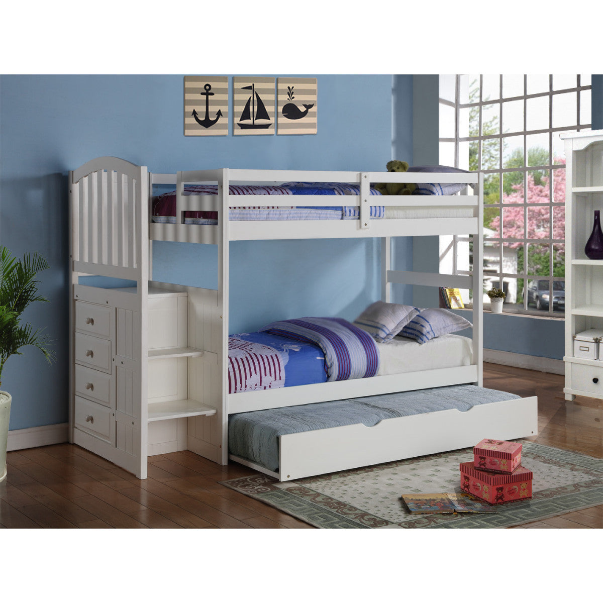 ARCH MISSION STAIRWAY BUNKBED WITH TRUNDLE BED WHITE FINISH