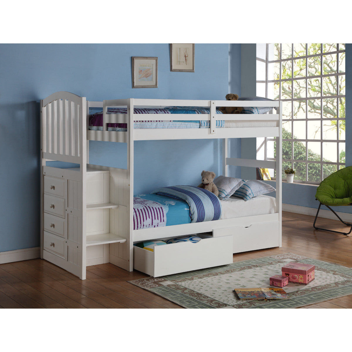 ARCH MISSION STAIRWAY BUNKBED WITH DUAL UNDER BED DRAWERS WHITE FINISH