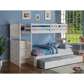 TWIN/FULL ARCH MISSION STAIRWAY BUNK BED WITH EXT KIT WITH TRUNDLE BED WHITE FINISH