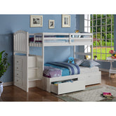 TWIN/FULL ARCH MISSION STAIRWAY BUNK BED WITH EXT KIT WITH DUAL UNDER BED DRAWERS WHITE FINISH