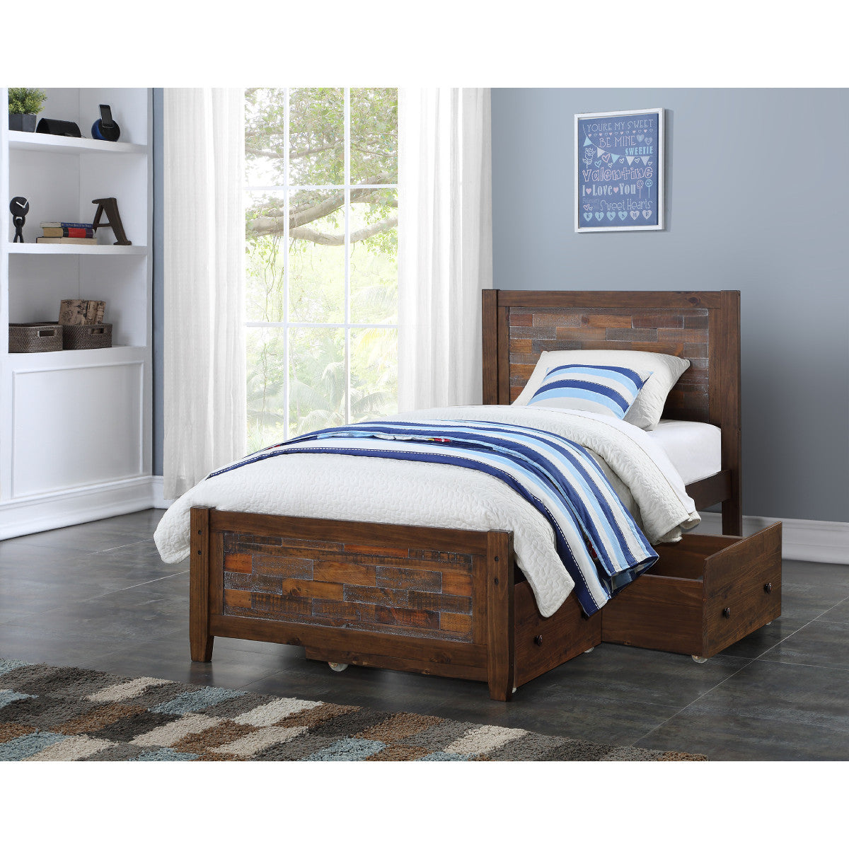TWIN ARTESIAN BED WITH DUAL UNDER BED DRAWERS IN BROWN GLAZE FINISH